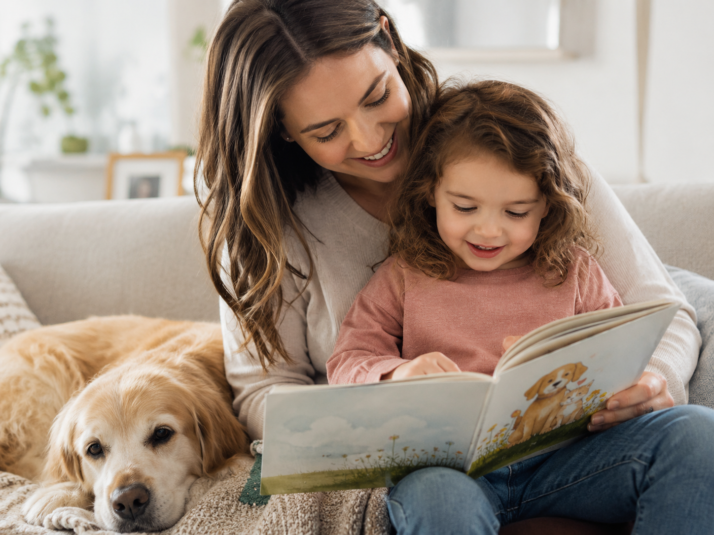 Mother reading to preschool aged girl with dog