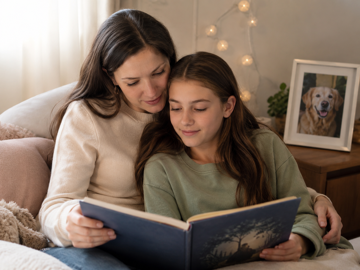 Mother reading with tween aged girl with dog in photo