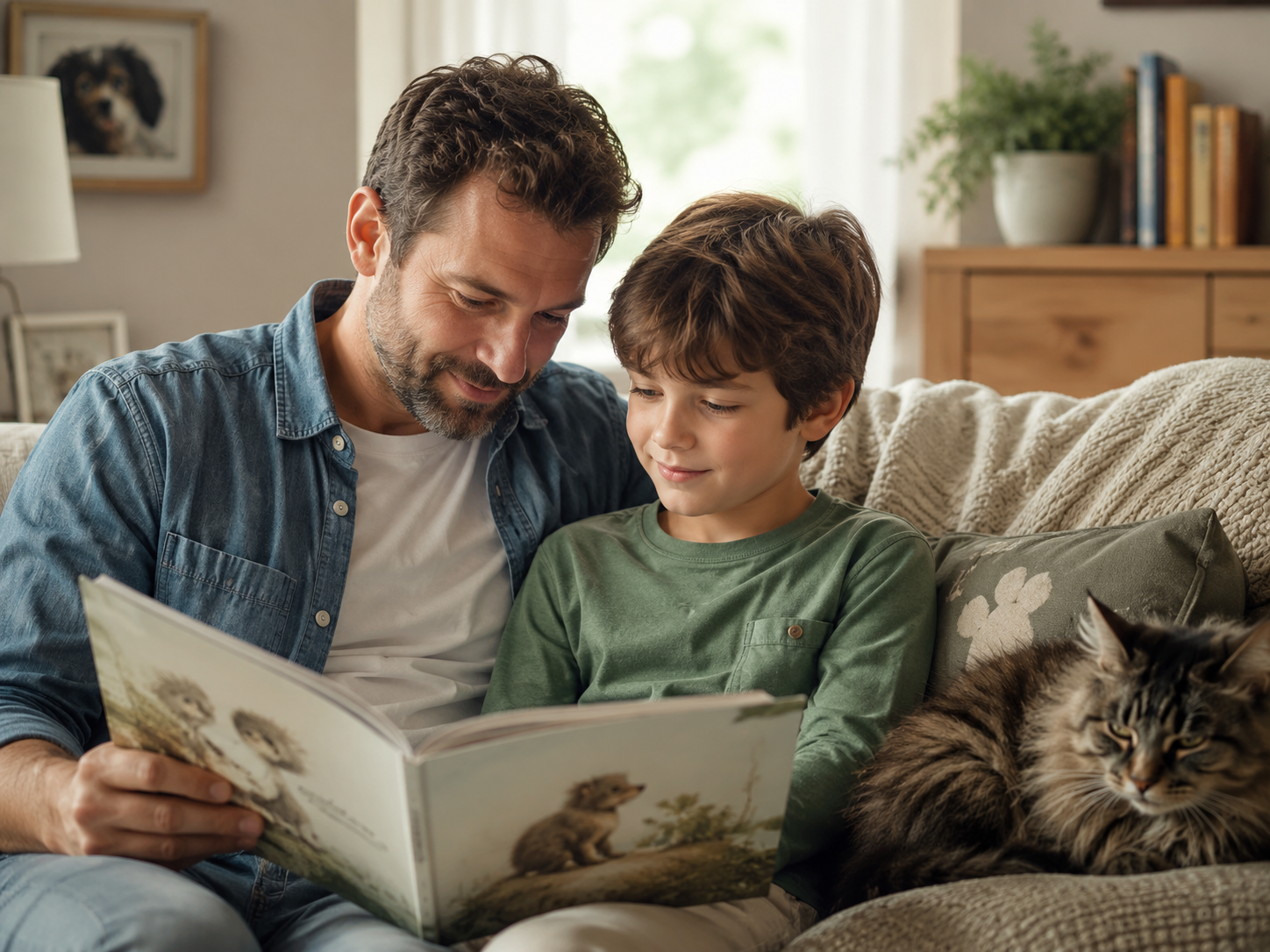 father reading to elementary aged son with cat