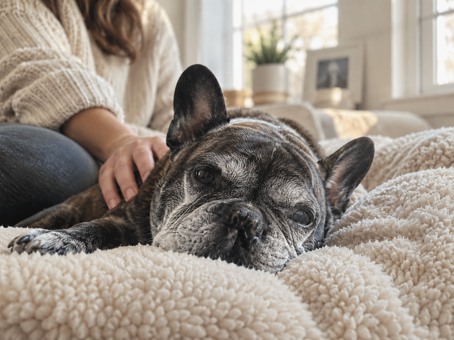 Senior French Bulldog resting comfortably at home with woman