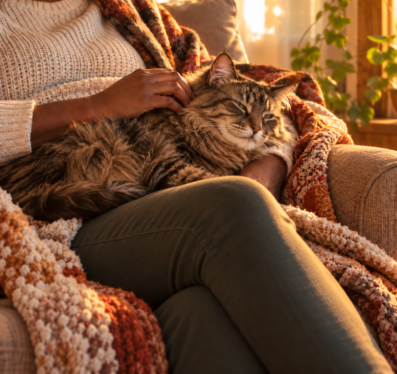 Sunlit tabby cat cuddling with owner at home