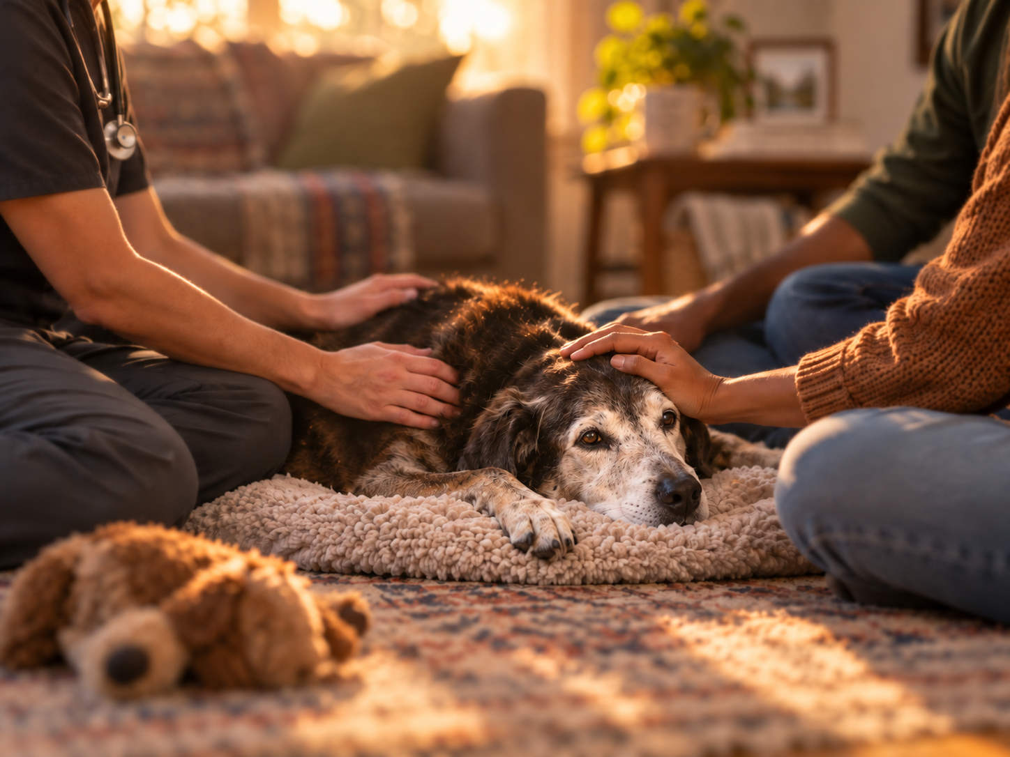 Veterinarian meeting senior dog and family at home